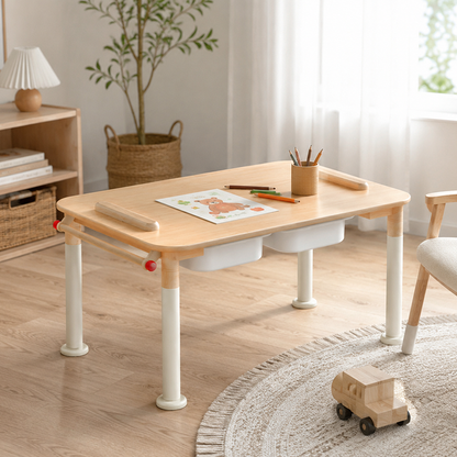 Minimalist Beech Wood Kids Play Table - Adjustable Height & Rounded Edge Safety Design Desk For Study