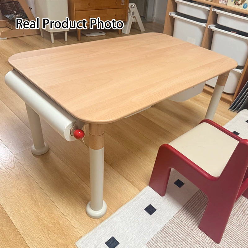 Minimalist Beech Wood Kids Play Table - Adjustable Height & Rounded Edge Safety Design Desk For Study
