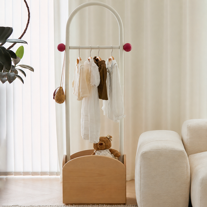 Space-Saving Kids Wardrobe Stand - Adjustable Carbon Steel Frame & Beech Wood Base Hall Tree For Entryway & Hallway