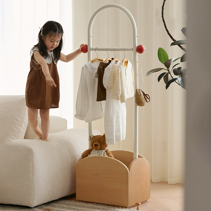Space-Saving Kids Wardrobe Stand - Adjustable Carbon Steel Frame & Beech Wood Base Hall Tree For Entryway & Hallway