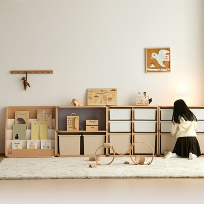 Japanese-Inspired Beech Storage Cabinet - Removable Boxes & Rounded Edge Safety Design Kids Cabinet For Living Room & Bedroom