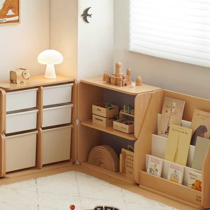 Japanese-Inspired Beech Storage Cabinet - Removable Boxes & Rounded Edge Safety Design Kids Cabinet For Living Room & Bedroom