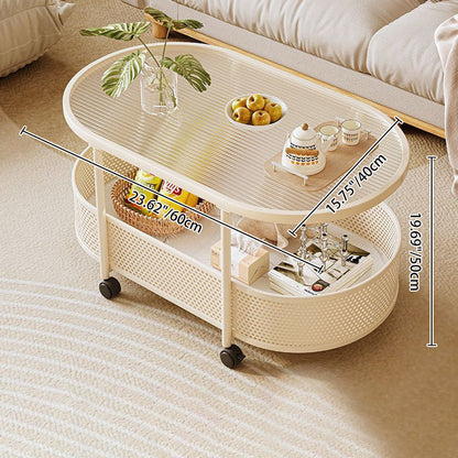 Modern Minimalist Rectangular Iron Plastic Tempered Glass Movable Coffee Table 2-Tier For Living Room