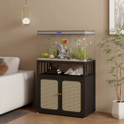 Traditional Chinese Square Carbon Steel Tempered Glass PE Rattan Side Table 1-Cabinet 1-Tier For Living Room