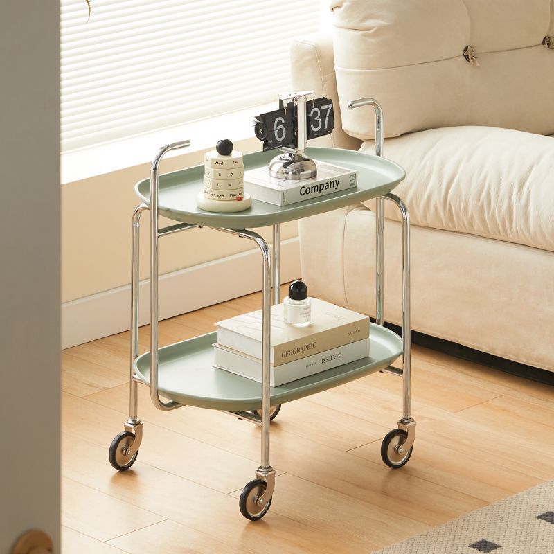 Modern Mid-Century Oval ABS Iron End Table 2-Tier Rolling Cart For Living Room