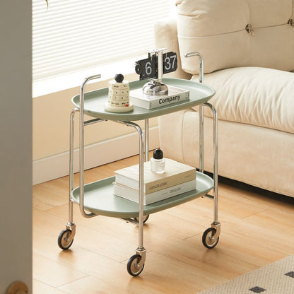 Modern Mid-Century Oval ABS Iron End Table 2-Tier Rolling Cart For Living Room
