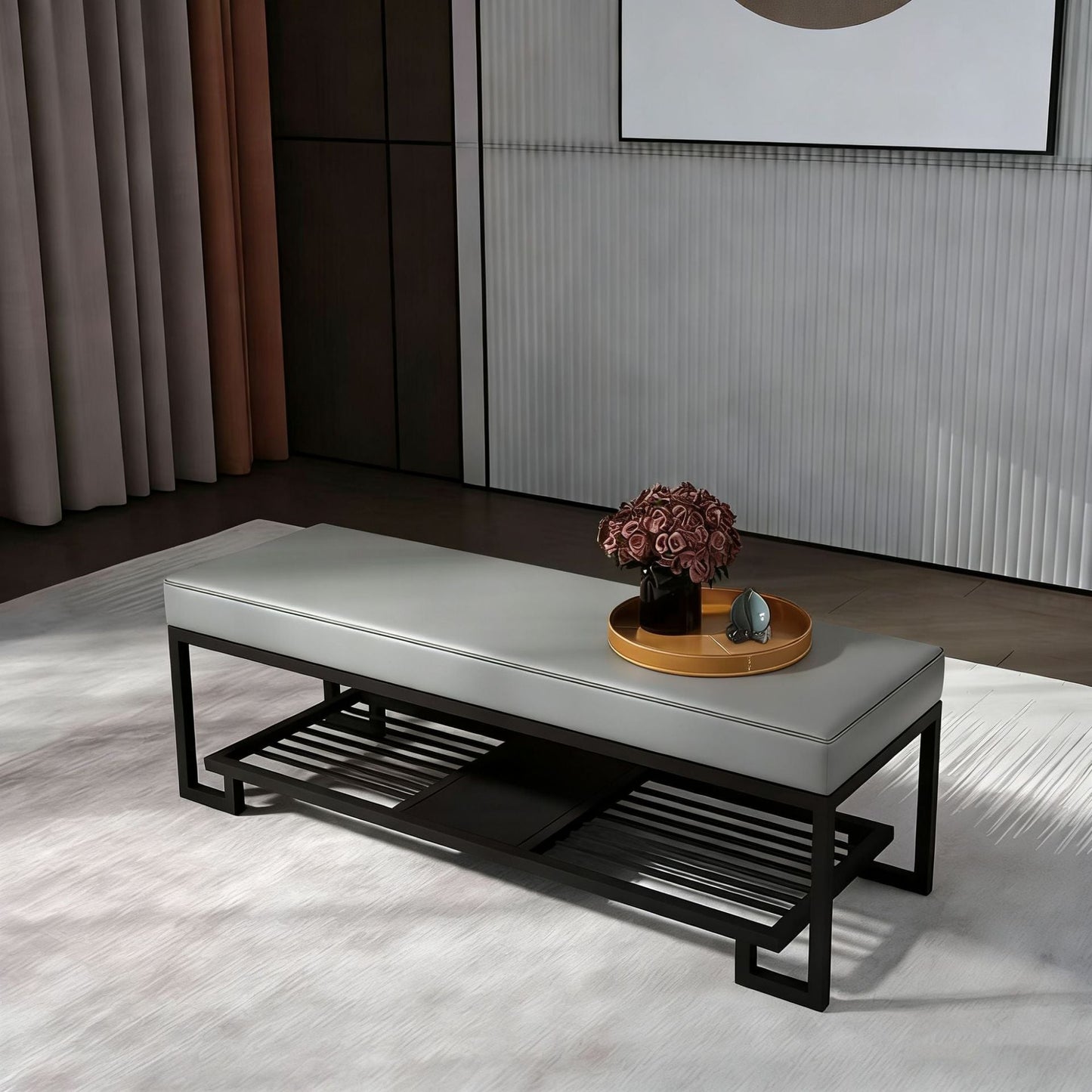 Modern Minimalist Rectangular Wrought Iron PU Leather Synthetic Fabric Shoe Bench 2-Tier For Entryway