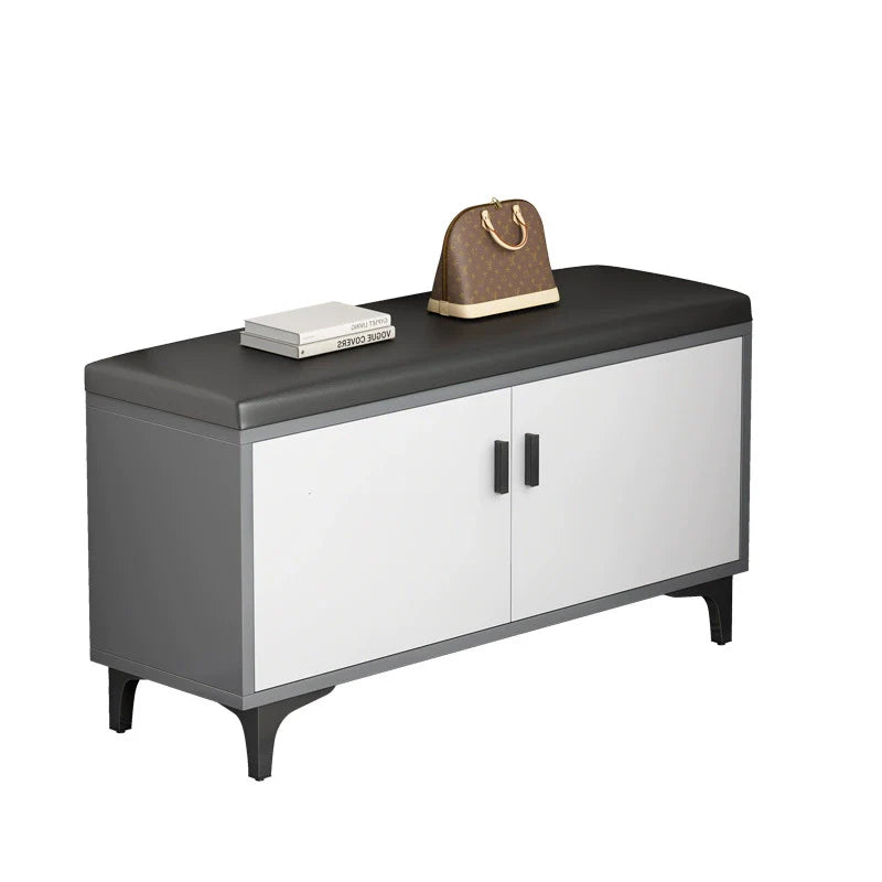 Modern Minimalist Rectangular MDF Faux Leather Shoe Bench 3-Tier For Entryway