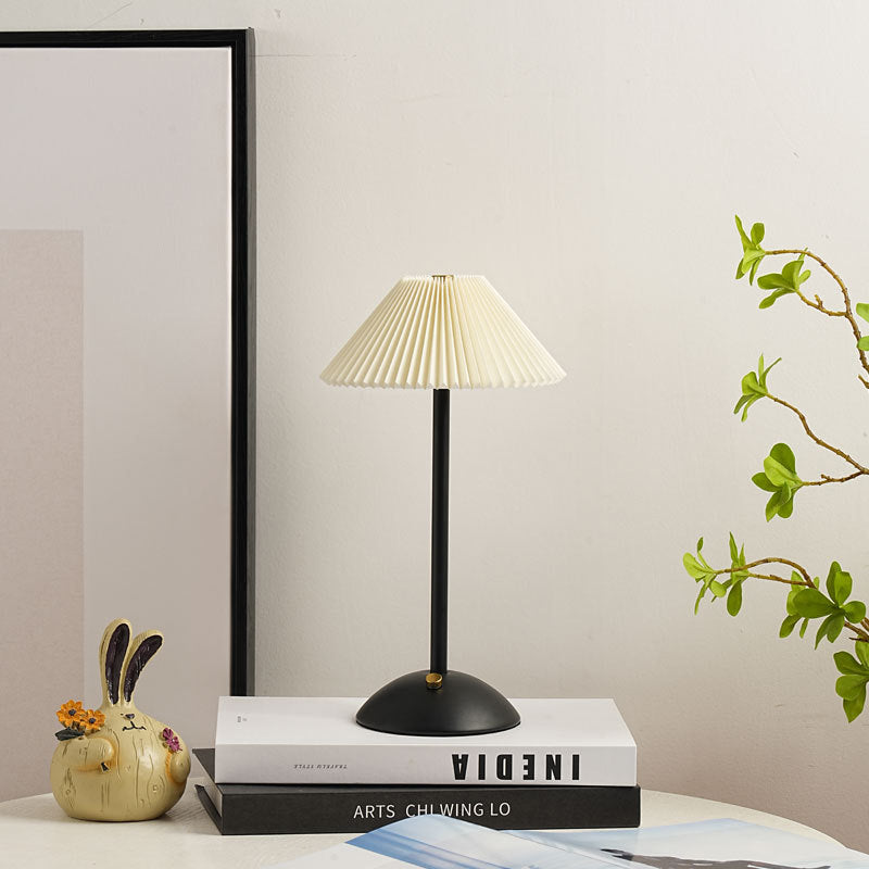 Contemporary Scandinavian Rechargeable Iron Fabric Conic Pleated 1-Light Table Lamp For Bedside