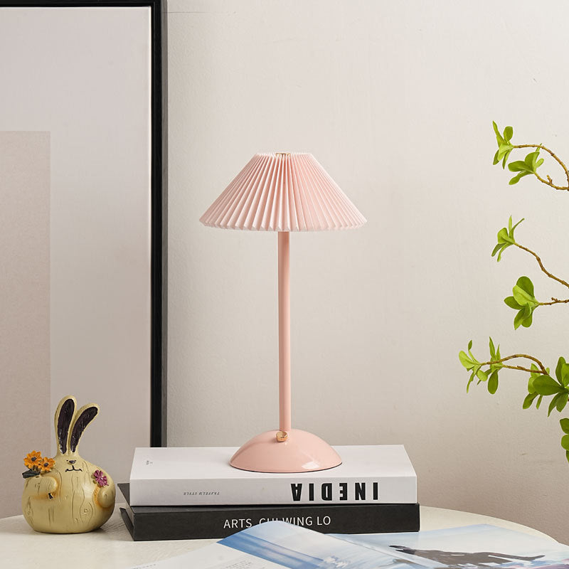 Contemporary Scandinavian Rechargeable Iron Fabric Conic Pleated 1-Light Table Lamp For Bedside