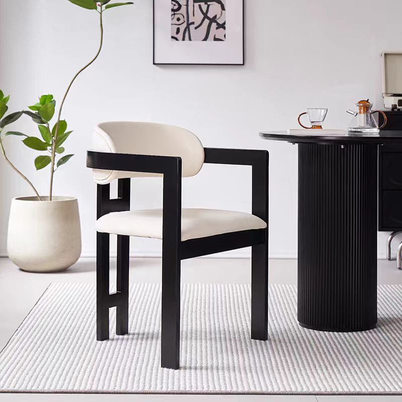 Contemporary Scandinavian Bent Square PU Leather Wood Dining Chair Backrest Arm For Dining Room