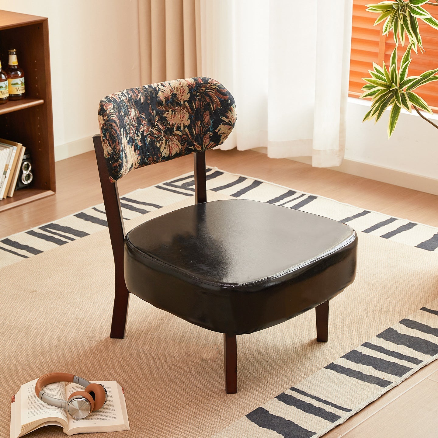 Traditional French Rectangular Cotton-Linen Fabric Faux Oiled Leather Solid Wood Accent Chair Backrest Armless For Living Room