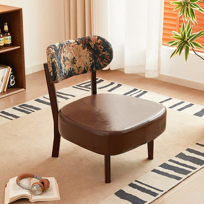 Traditional French Rectangular Cotton-Linen Fabric Faux Oiled Leather Solid Wood Accent Chair Backrest Armless For Living Room