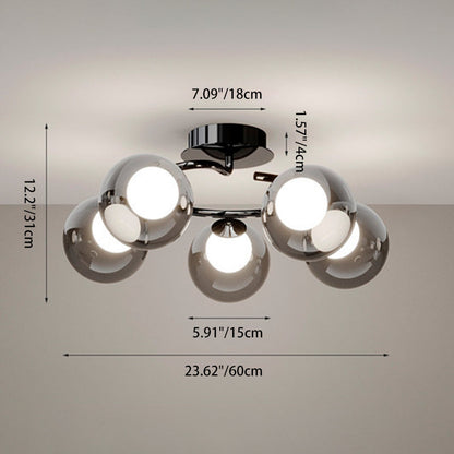 Modern Mid-Century Round Electroplated Glass Stainless Steel Carbon Steel 5-Light Semi-Flush Mount Ceiling Light For Living Room