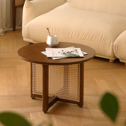 Traditional Japanese Round Rectangular Wicker-Woven Solid Wood Side Table 1-Tier For Living Room