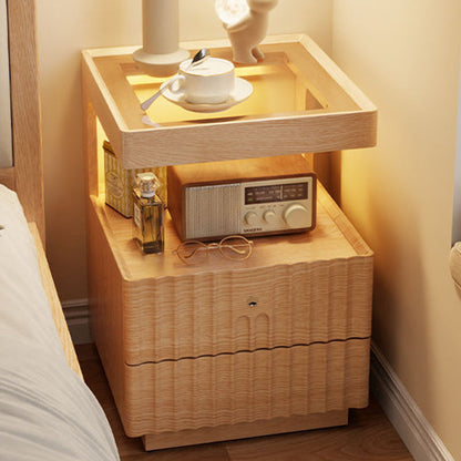Contemporary Nordic Rectangular Rubberwood Pine Wood Tempered Glass Zinc Alloy Nightstand 2-Drawer For Bedroom