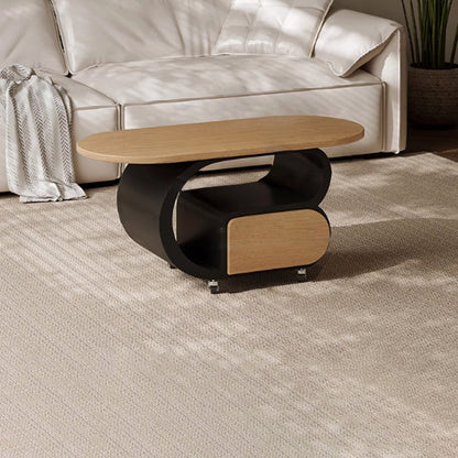 Contemporary Scandinavian Oval Multi-Layer Solid Wood Carbon Steel Movable Side Table 1-Drawer For Living Room