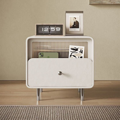 Modern Minimalist Square Microfiber Leather Medium Density Fiberboard Glass Stainless Steel Nightstand 1-Drawer For Bedroom