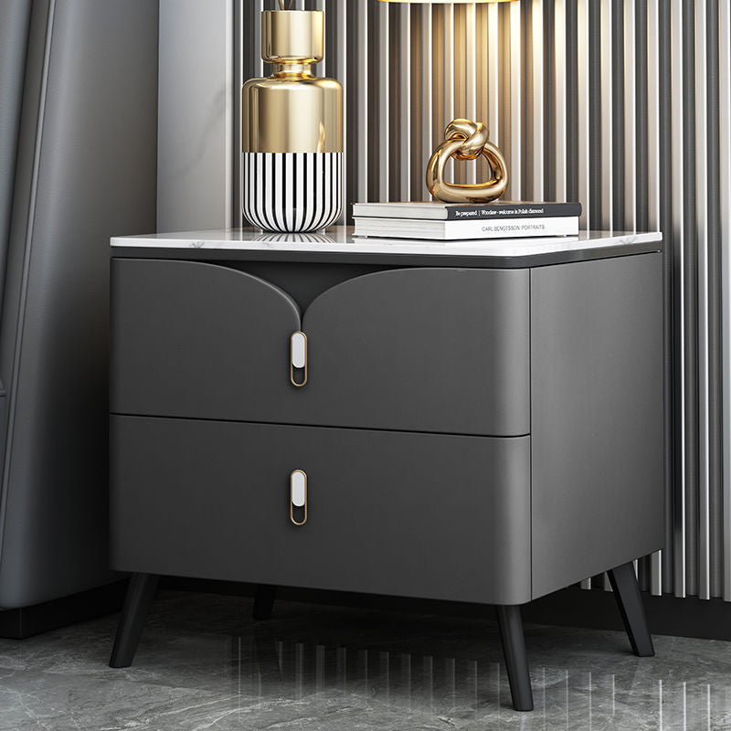 Contemporary Nordic Rectangular Stone Slab Wood Microfiber Leather Carbon Steel Nightstand 2-Drawer For Bedroom