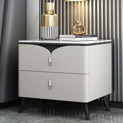Contemporary Nordic Rectangular Stone Slab Wood Microfiber Leather Carbon Steel Nightstand 2-Drawer For Bedroom