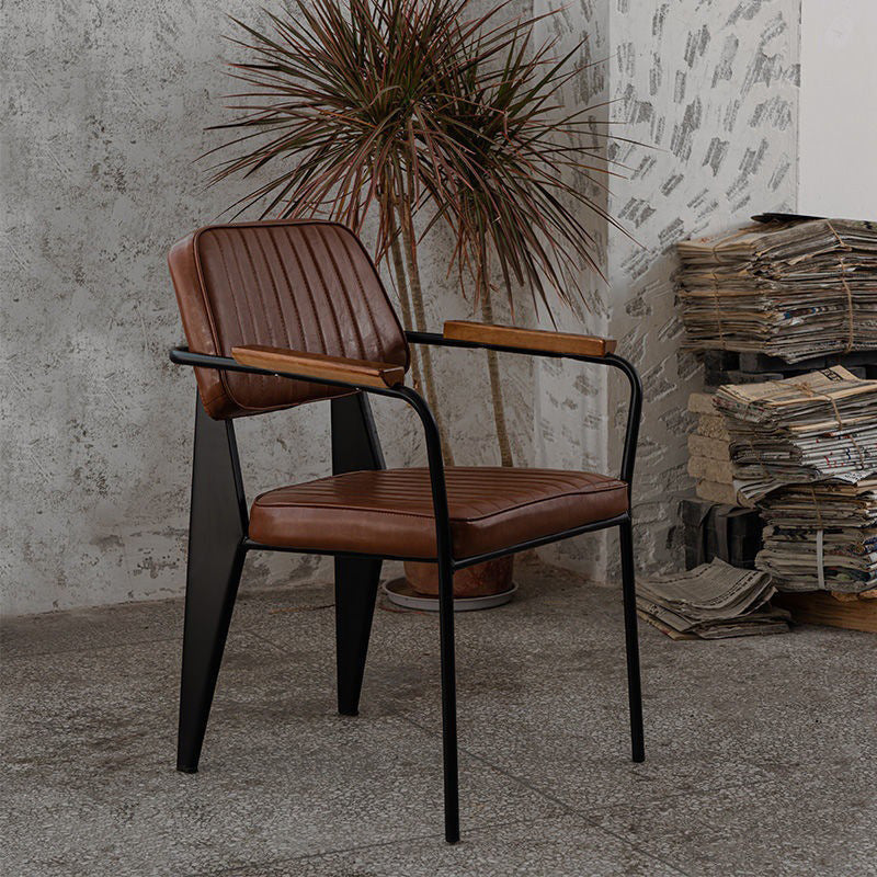 Traditional Vintage Rectangular Faux Oil-Waxed Leather Solid Wood Steel Dining Chair Backrest Armrest For Dining Room