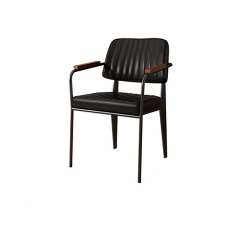 Traditional Vintage Rectangular Faux Oil-Waxed Leather Solid Wood Steel Dining Chair Backrest Armrest For Dining Room