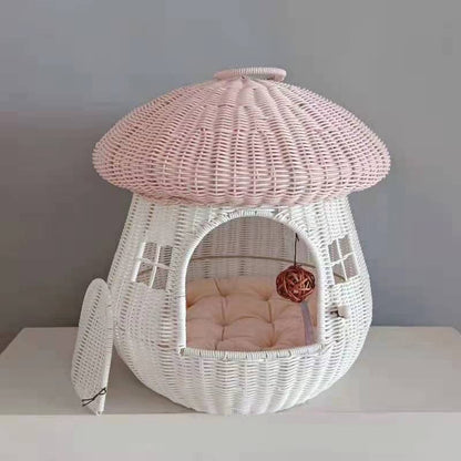 Contemporary Creative Round PP Rattan Handwoven Mushroom-Shaped Cat Bed For Outdoor & Bedroom