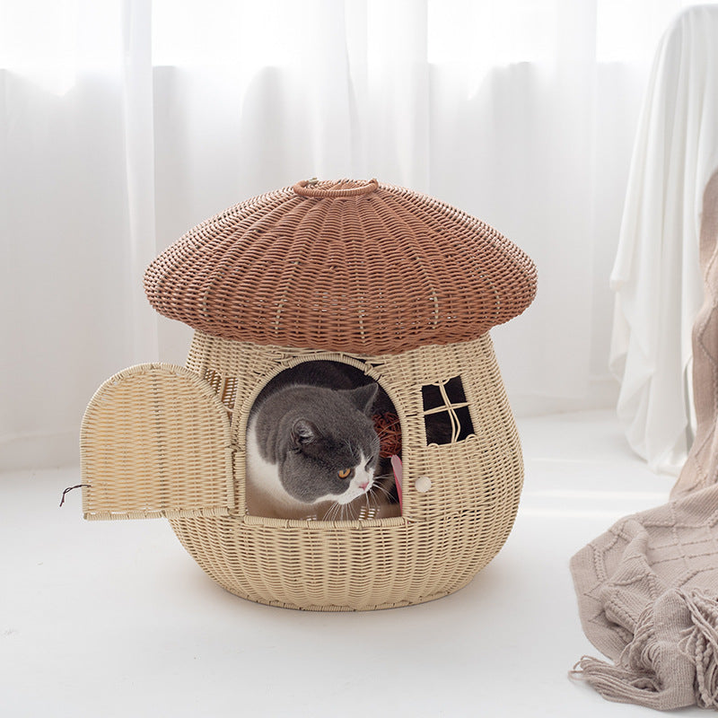 Contemporary Creative Round PP Rattan Handwoven Mushroom-Shaped Cat Bed For Outdoor & Bedroom