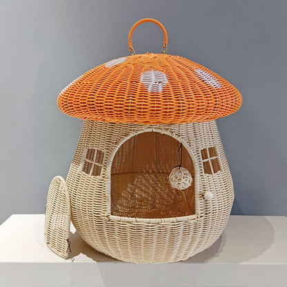 Contemporary Creative Round PP Rattan Handwoven Mushroom-Shaped Cat Bed For Outdoor & Bedroom