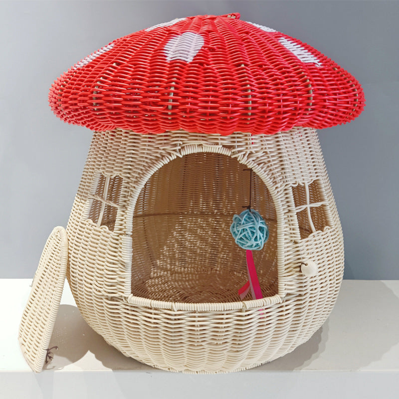 Contemporary Creative Round PP Rattan Handwoven Mushroom-Shaped Cat Bed For Outdoor & Bedroom