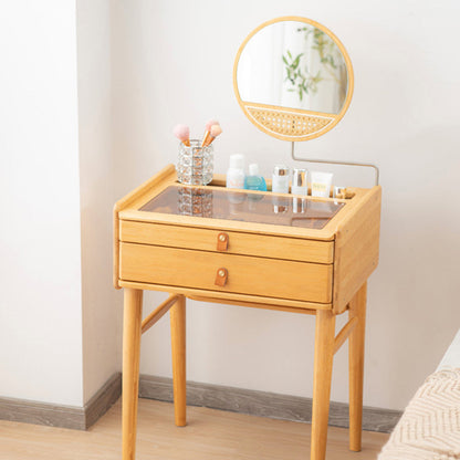 Traditional Rustic Rectangular Bamboo Stainless Steel Resin Glass Makeup Vanity 2-Drawer For Bedroom