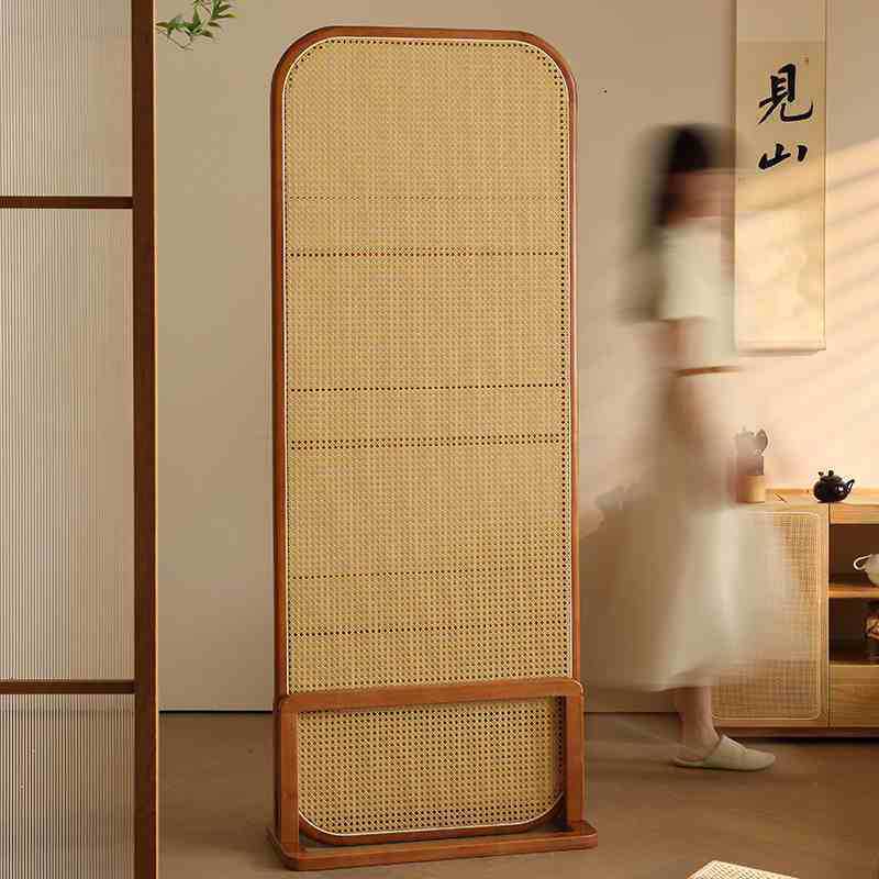 Traditional Chinese Rubberwood PE Rattan Room Divider With 3-Tier Storage Shelf For Living Room