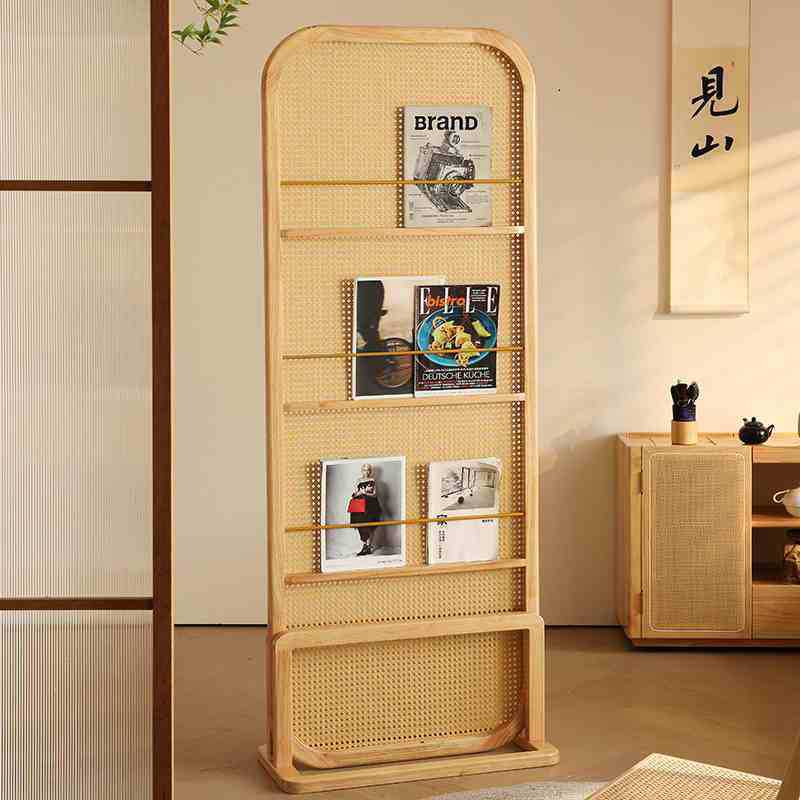 Traditional Chinese Rubberwood PE Rattan Room Divider With 3-Tier Storage Shelf For Living Room