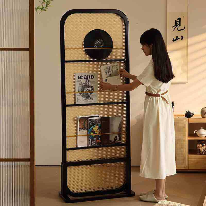Traditional Chinese Rubberwood PE Rattan Room Divider With 3-Tier Storage Shelf For Living Room