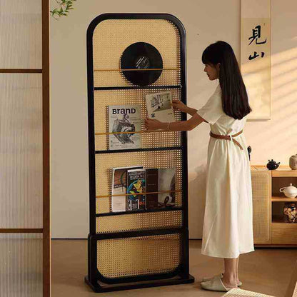 Traditional Chinese Rubberwood PE Rattan Room Divider With 3-Tier Storage Shelf For Living Room