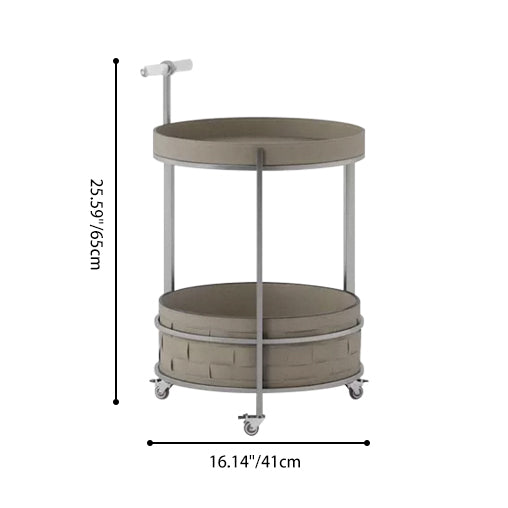 Rolling Round Faux Saddle Leather Acrylic Side Table - Vintage Dual-Layer Storage Trolley With Stainless Steel Frame For Living Room