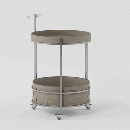 Rolling Round Faux Saddle Leather Acrylic Side Table - Vintage Dual-Layer Storage Trolley With Stainless Steel Frame For Living Room