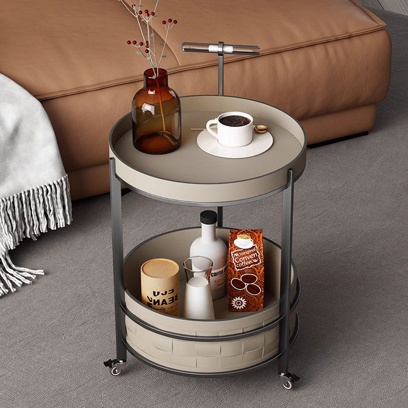 Rolling Round Faux Saddle Leather Acrylic Side Table - Vintage Dual-Layer Storage Trolley With Stainless Steel Frame For Living Room