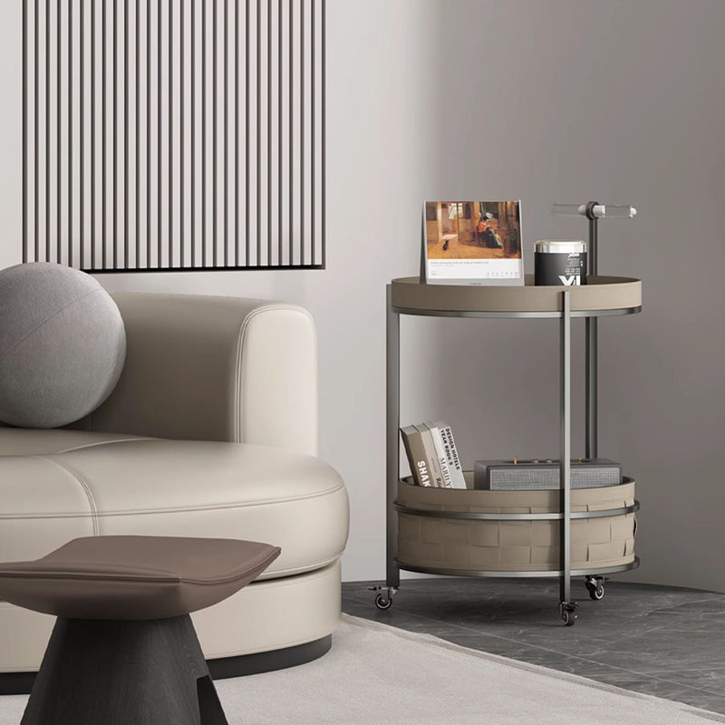 Rolling Round Faux Saddle Leather Acrylic Side Table - Vintage Dual-Layer Storage Trolley With Stainless Steel Frame For Living Room