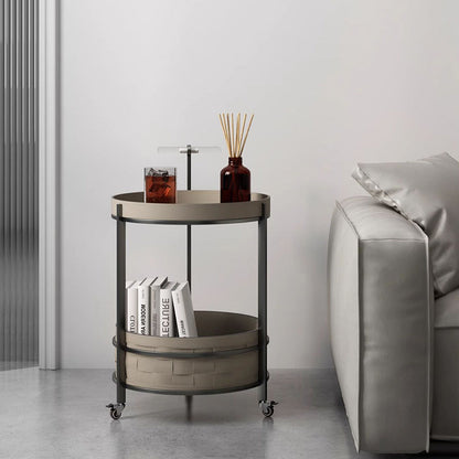 Rolling Round Faux Saddle Leather Acrylic Side Table - Vintage Dual-Layer Storage Trolley With Stainless Steel Frame For Living Room