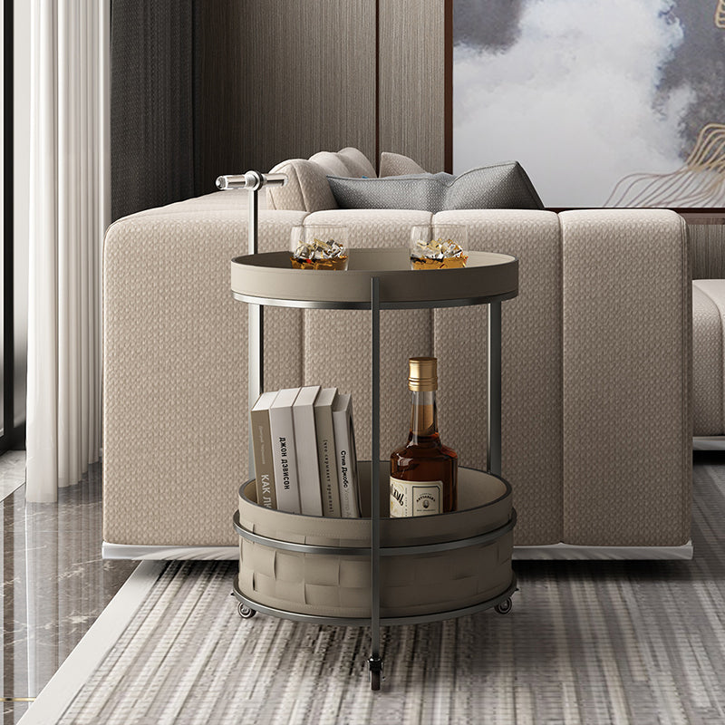 Rolling Round Faux Saddle Leather Acrylic Side Table - Vintage Dual-Layer Storage Trolley With Stainless Steel Frame For Living Room