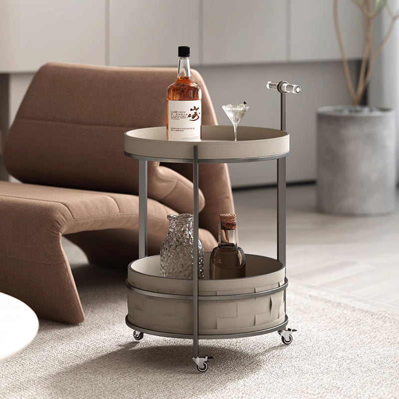 Rolling Round Faux Saddle Leather Acrylic Side Table - Vintage Dual-Layer Storage Trolley With Stainless Steel Frame For Living Room