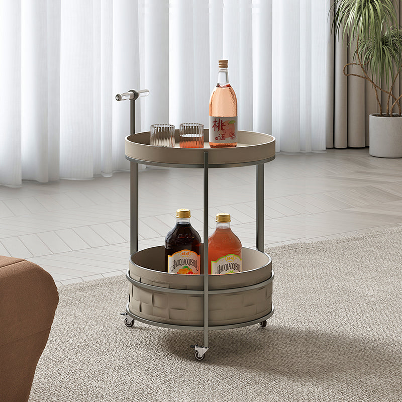 Rolling Round Faux Saddle Leather Acrylic Side Table - Vintage Dual-Layer Storage Trolley With Stainless Steel Frame For Living Room