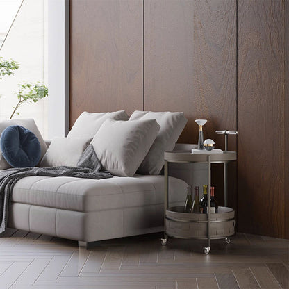 Rolling Round Faux Saddle Leather Acrylic Side Table - Vintage Dual-Layer Storage Trolley With Stainless Steel Frame For Living Room