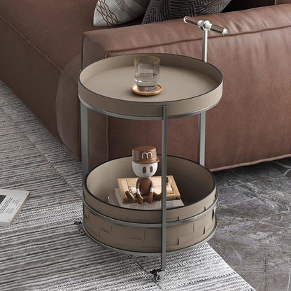 Rolling Round Faux Saddle Leather Acrylic Side Table - Vintage Dual-Layer Storage Trolley With Stainless Steel Frame For Living Room
