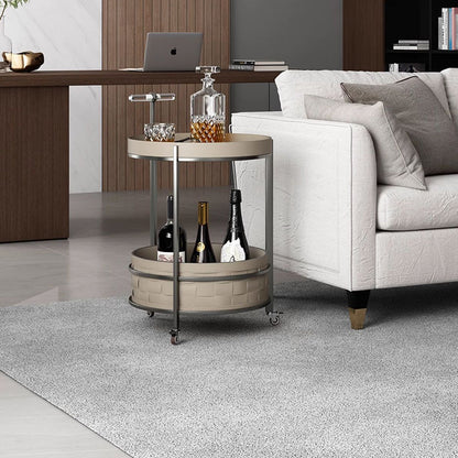 Rolling Round Faux Saddle Leather Acrylic Side Table - Vintage Dual-Layer Storage Trolley With Stainless Steel Frame For Living Room