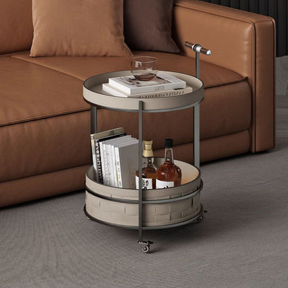 Rolling Round Faux Saddle Leather Acrylic Side Table - Vintage Dual-Layer Storage Trolley With Stainless Steel Frame For Living Room