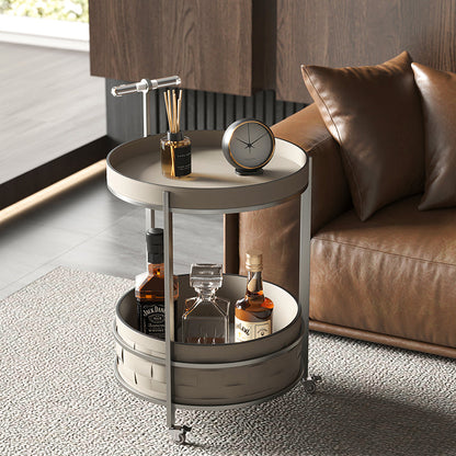 Rolling Round Faux Saddle Leather Acrylic Side Table - Vintage Dual-Layer Storage Trolley With Stainless Steel Frame For Living Room