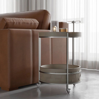 Rolling Round Faux Saddle Leather Acrylic Side Table - Vintage Dual-Layer Storage Trolley With Stainless Steel Frame For Living Room