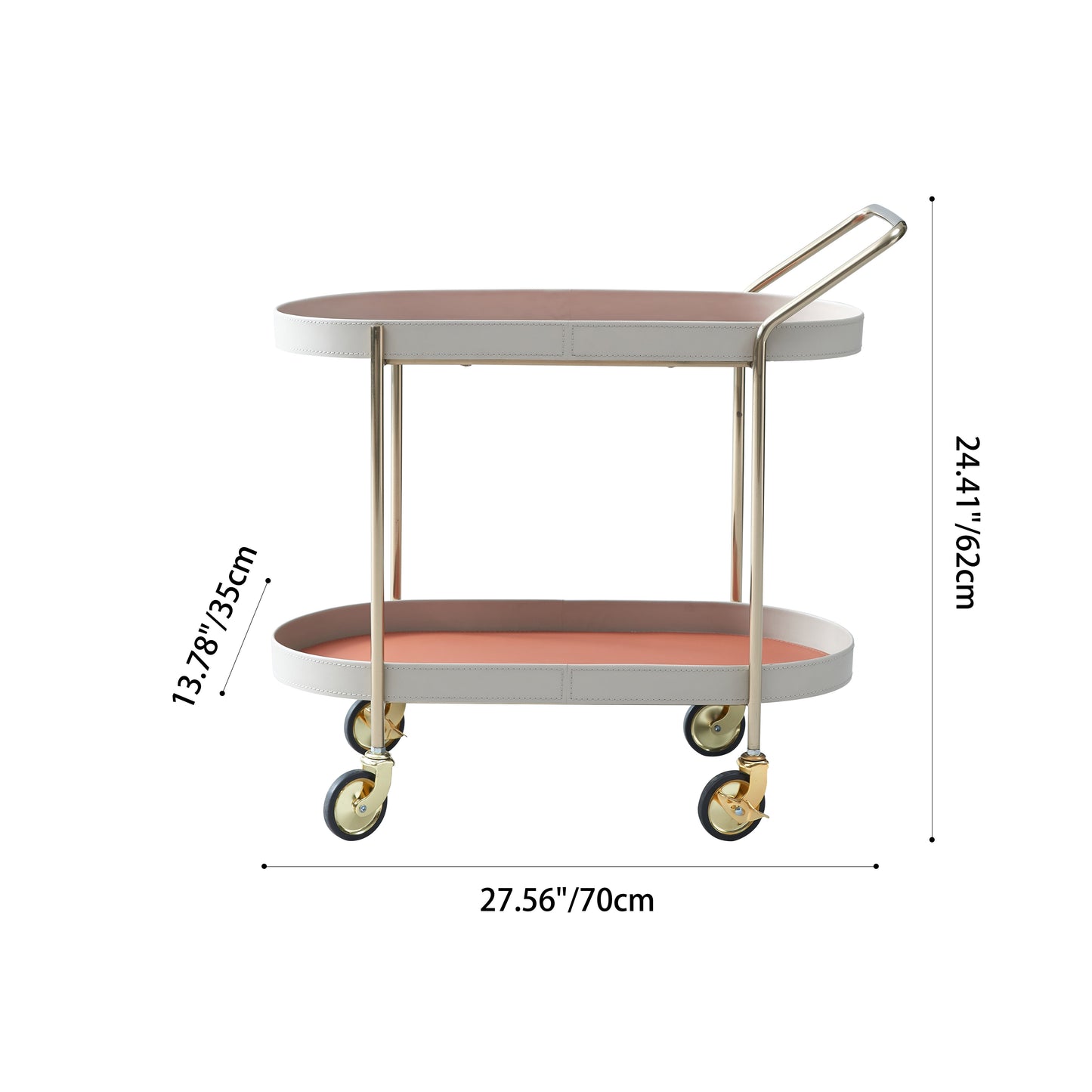Mobile Oval Faux Saddle Leather Side Table With Gold Stainless Steel Frame -Creative Rolling Dual Tier Drink Trolley For Dining Room